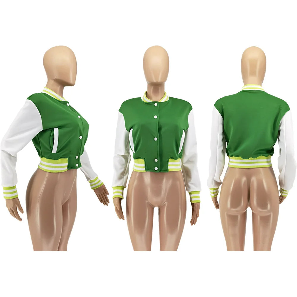 CM.YAYA 2024 Autumn Winter Patchwork Button Up Women Baseball Jackets Long Sleeve Elegant Sport Fashion Baseball Outcoat