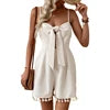 High Waist Summer Above Knee Sweet Simple Bowknot Strap Solid Color Backless Women's Jumpsuit Polyester Woven Waffle Texture