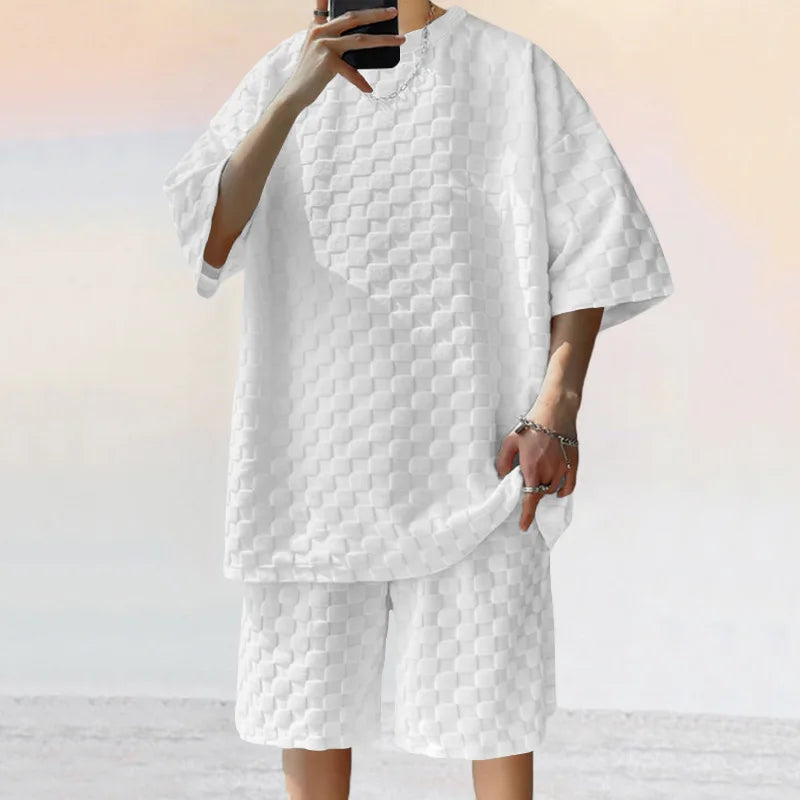Men's Sports Suit Summer New High Street Jacquard Plaid T-shirt Shorts Two-piece Set Male Casual Retro Loose O-neck Top