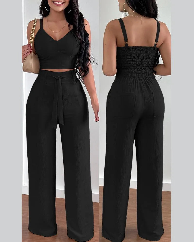 Women's Pleated Suspender Top With Fashionable Wide Leg High Waist Pants Set Casual 2-piece Set