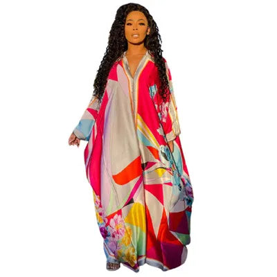 TWOTWINSTYLE V Neck Long Sleeve Print Colorful Loose Dresses Female Summer Fashion
