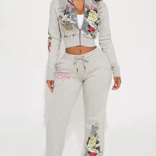 European and American Fashion Street Leisure Comfortable Painted Zipper Hoodie Positioning Printed Two-piece Women's Clothing