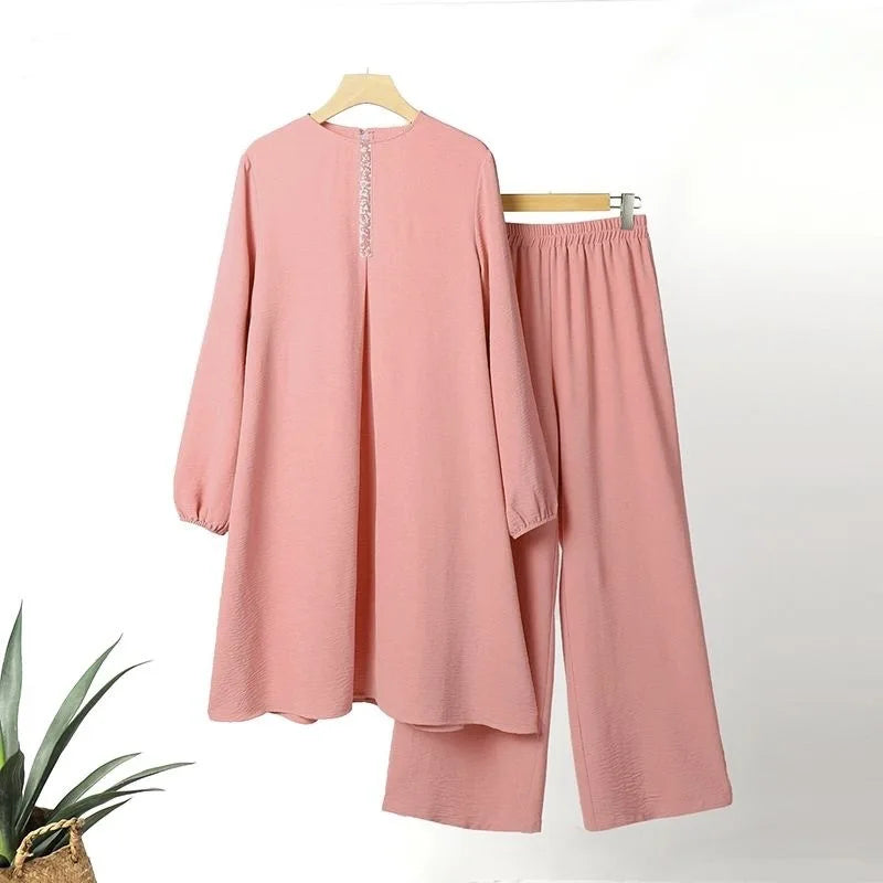 S-5XL Muslim Women's Clothing Solid Round Neck Sequin Shirt Long Sleeved and Fashionable Casual Muslim Suit With Long Pants