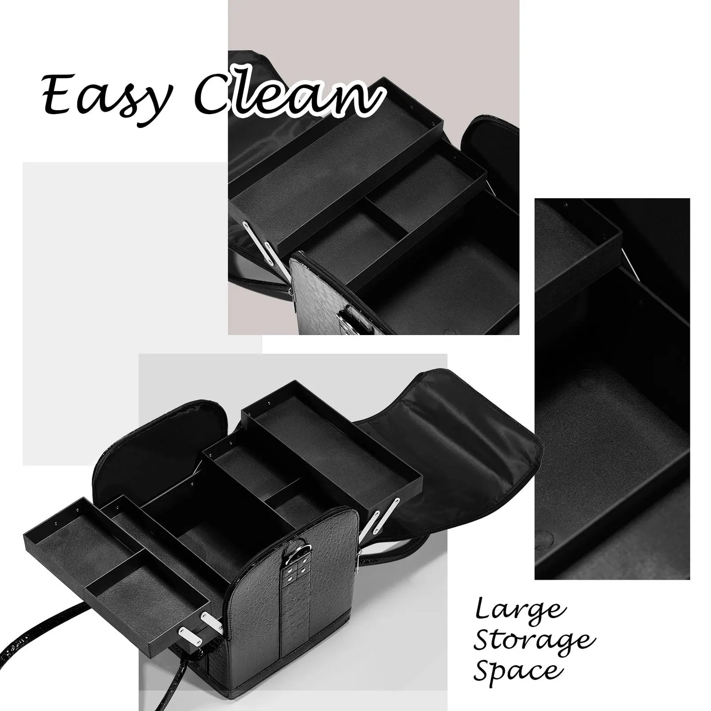 PU Leather Large Capacity Portable Makeup Travel Case Organizer Zipper Closure Luggage Cosmetic Trays Makeup Artist Suitcase