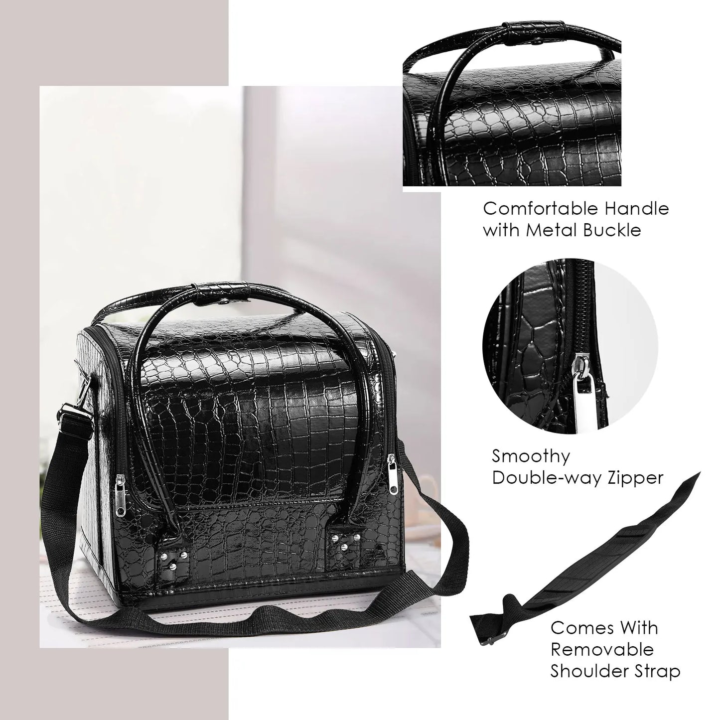 PU Leather Large Capacity Portable Makeup Travel Case Organizer Zipper Closure Luggage Cosmetic Trays Makeup Artist Suitcase