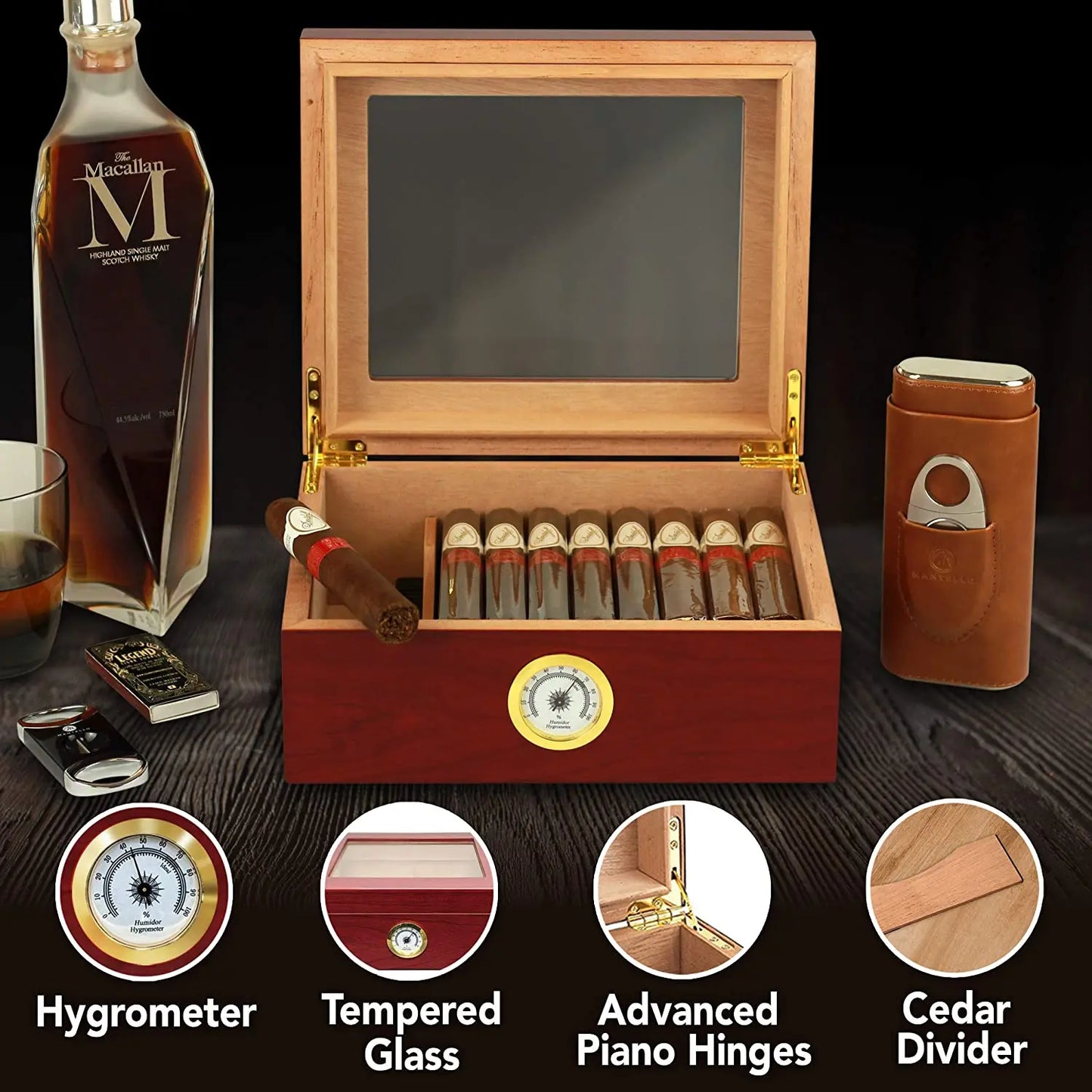 Cigar Humidor Luxury Tempered Glass Top Display Custom Packaging Wood Humidor Cigar Tobacco Case Box With Hygrometer