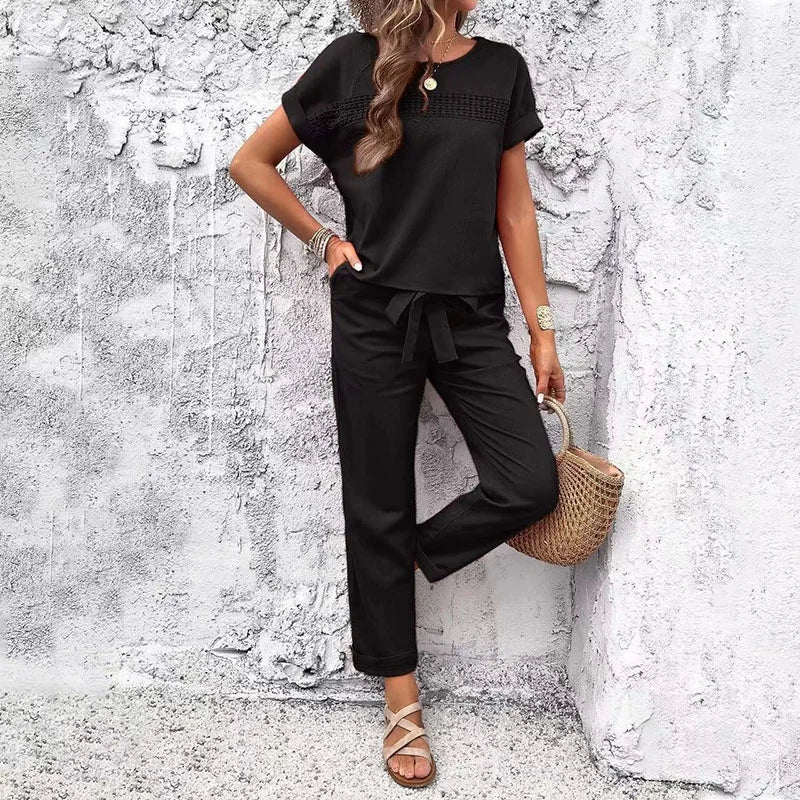 Casual Temperament Pure Colour Cotton and Linen Ladies Short Sleeve Trousers Suit Summer Hot Fashion T-shirt Suit New 2025
