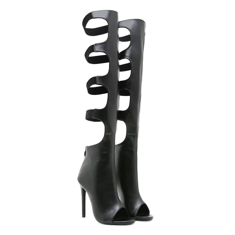 Fashion Hollow Out Cross Strap Knee High Boots Sandals Women Zip Sexy Peep Toe Stripper Heels Shoes Female Long Booties
