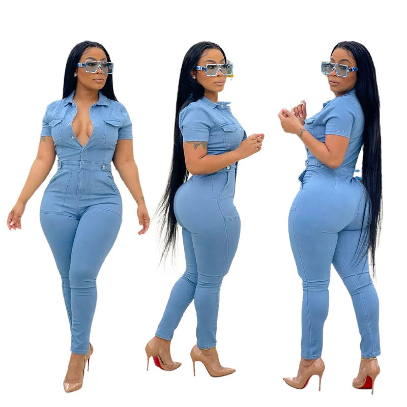 Autumn and Winter New Hotsale Ebay Women's Short-sleeved Casual Women's Denim Jumpsuit Jean Pants