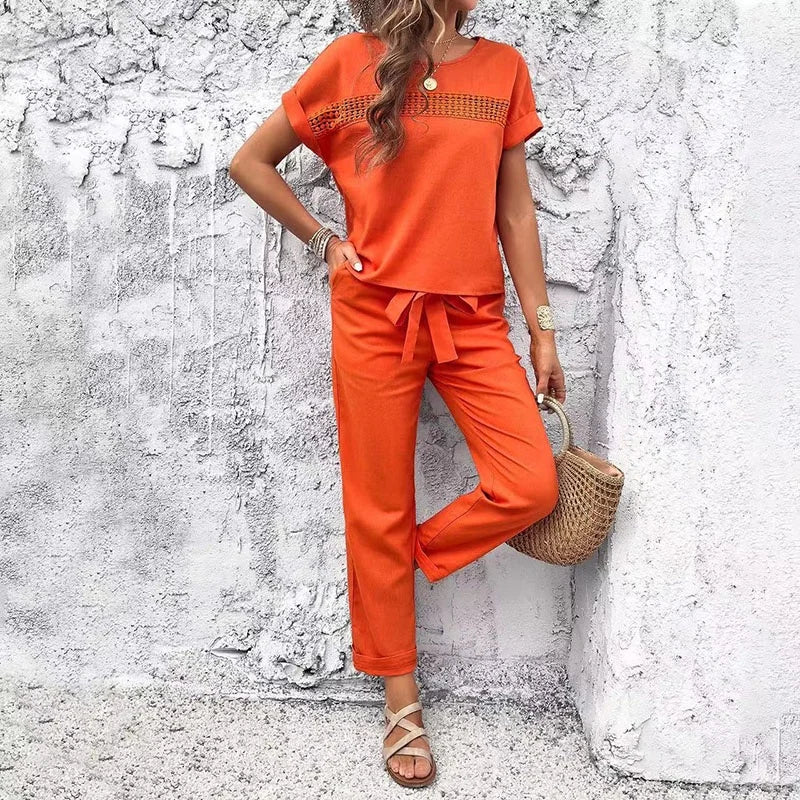 Casual Temperament Pure Colour Cotton and Linen Ladies Short Sleeve Trousers Suit Summer Hot Fashion T-shirt Suit New 2025