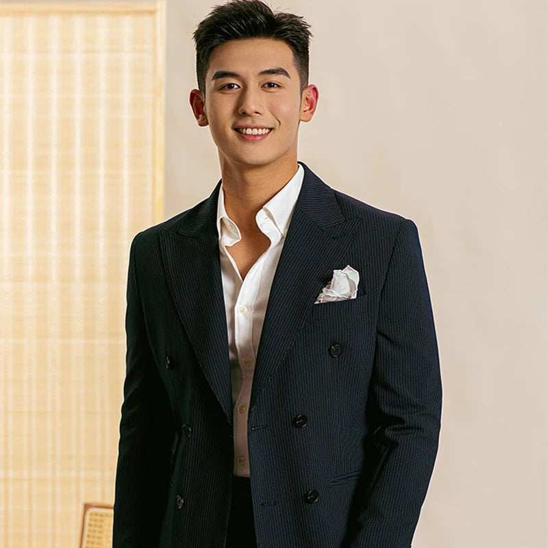 New Product Italian Suits for Men Double Breasted Black Stripe Man Slim Fitting Suit 2 Pcs Set