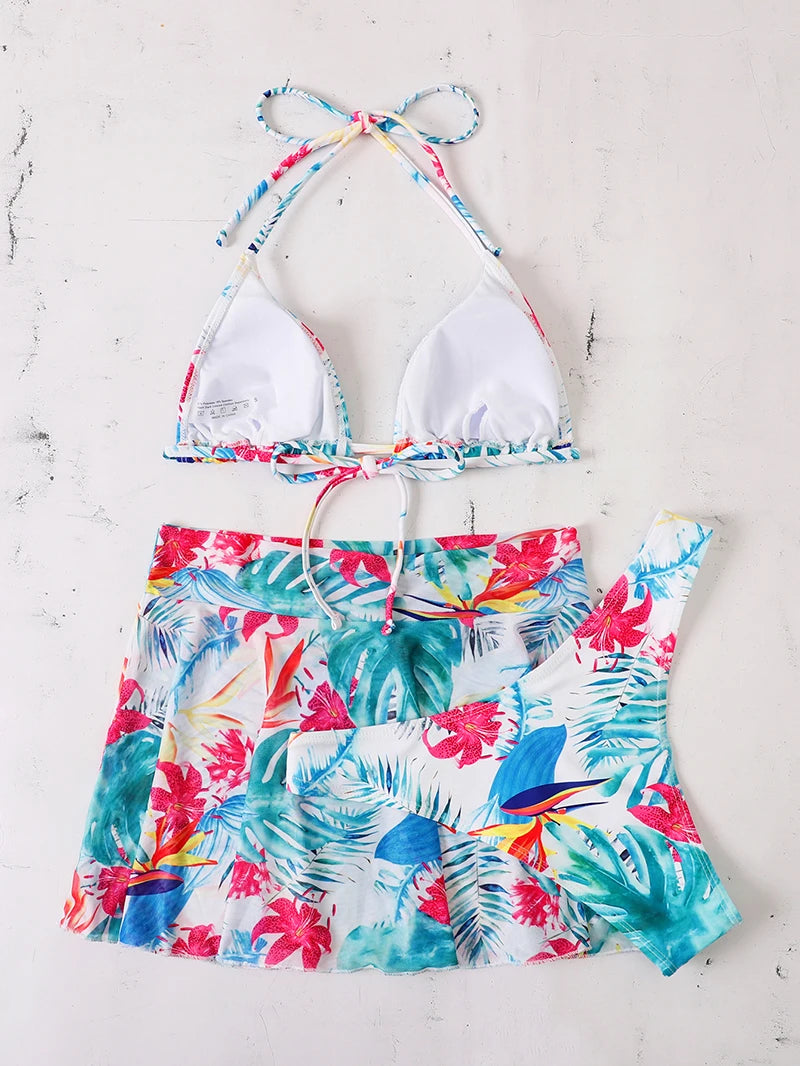Bikini 2022 Skirt Swimsuit Women Print Swimwear Female Halter String 3 Pieces Set Sexy Bathing Suit Swimming Suit