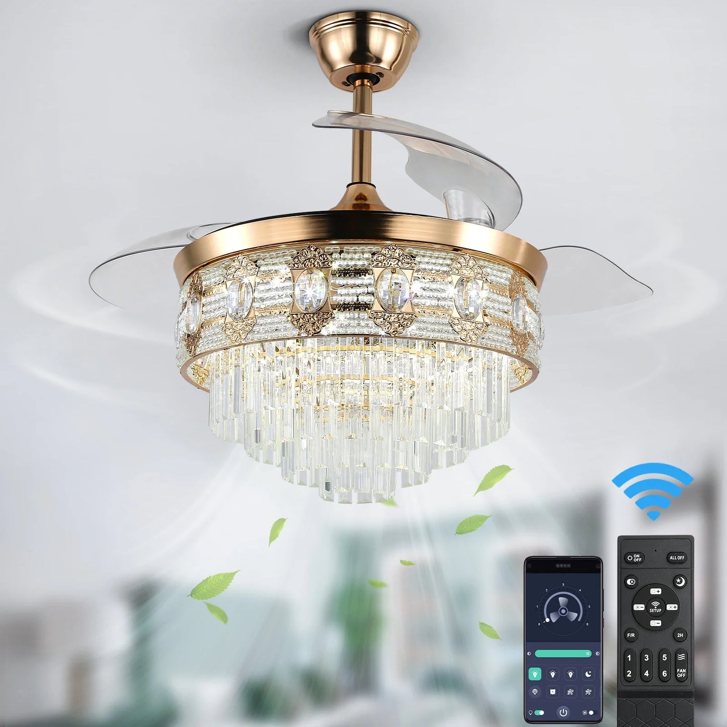 US Warehouse 42 Inch Retractable Chandelier Led Ceiling Fans With Light Home