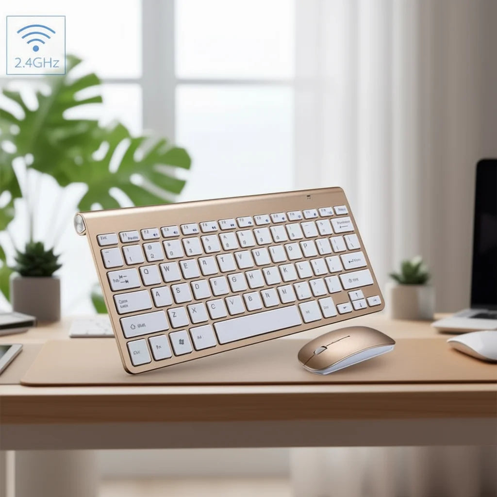 Wireless Keyboard And Mouse Set 2.4Ghz Gold For Laptop With Multimedia Keys And Silent Keys