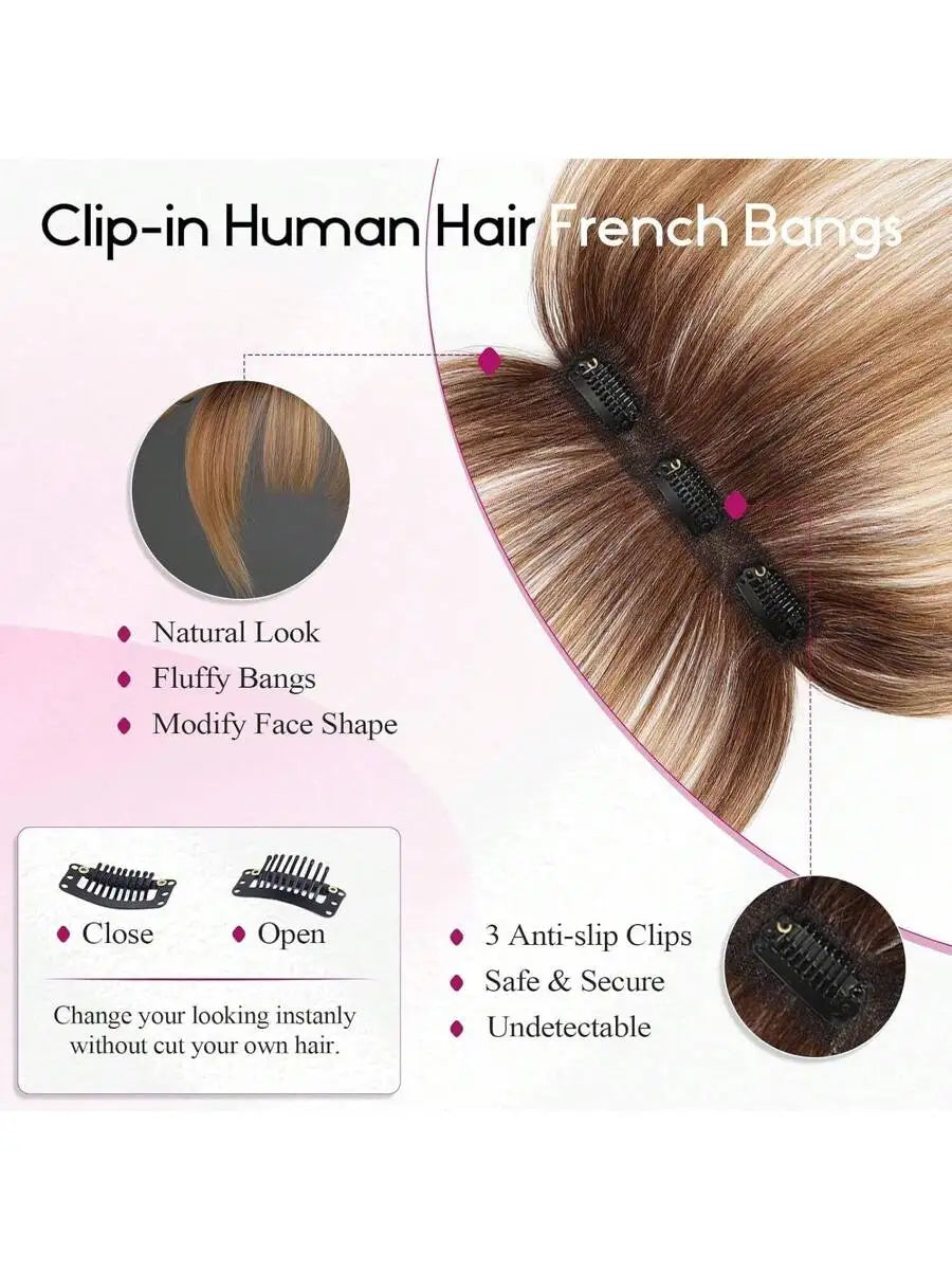 Human Hair Bangs Clip in Hair Extensions Fake Bangs 360° Clip on Air Bangs Hairpieces for Women With Temples 3 Secure Clips