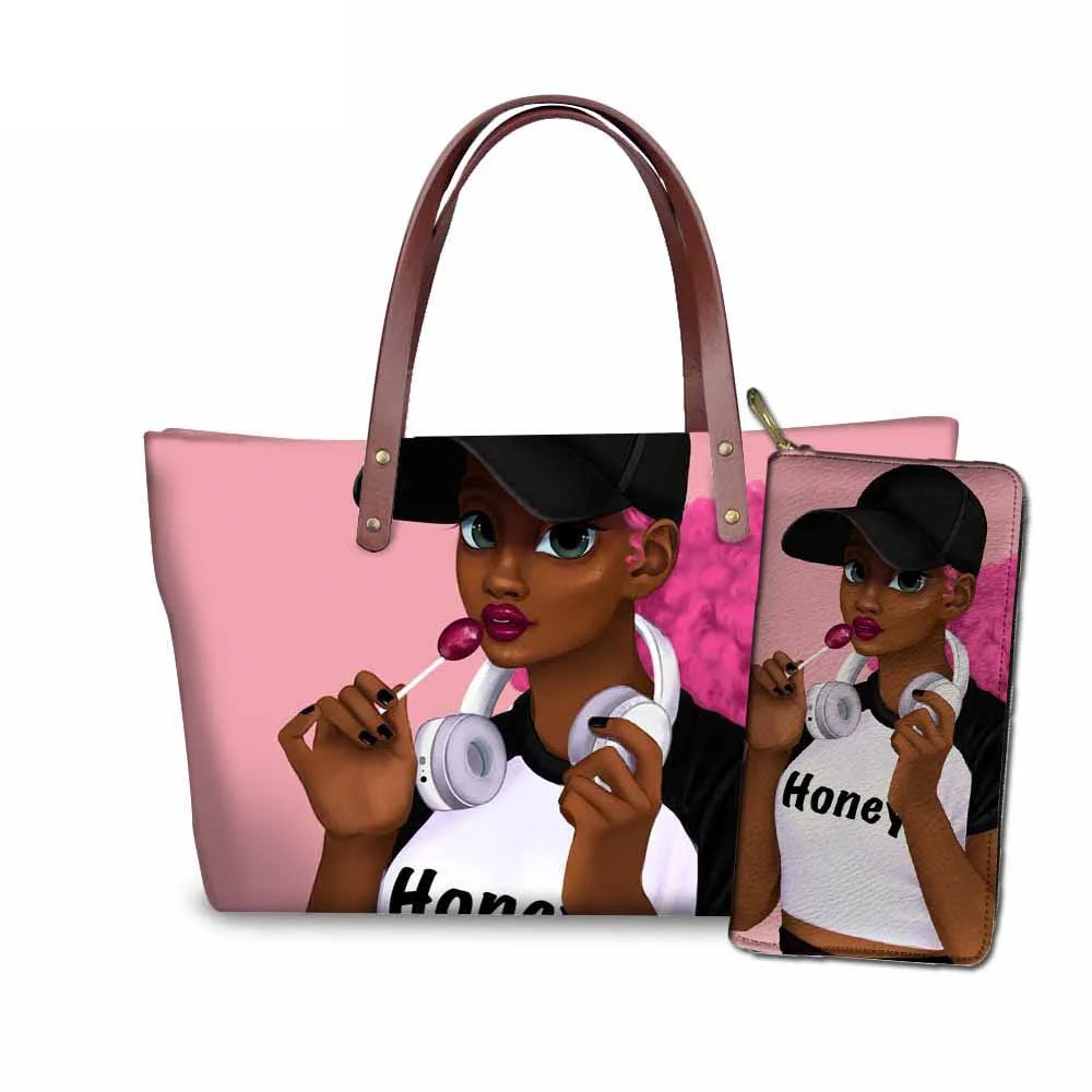 High Quality Latest Custom Pattern Women Hand Bags Black Art African Girls Printed Top Handle Tote Bag Luxury Purse for Ladies