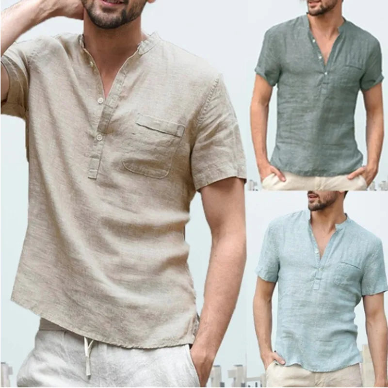 S-5XL High Quality New Men'S Linen V Neck Bandage T Shirts Male Solid Color Shorts Sleeves Casual Cotton Linen Tshirt Tops