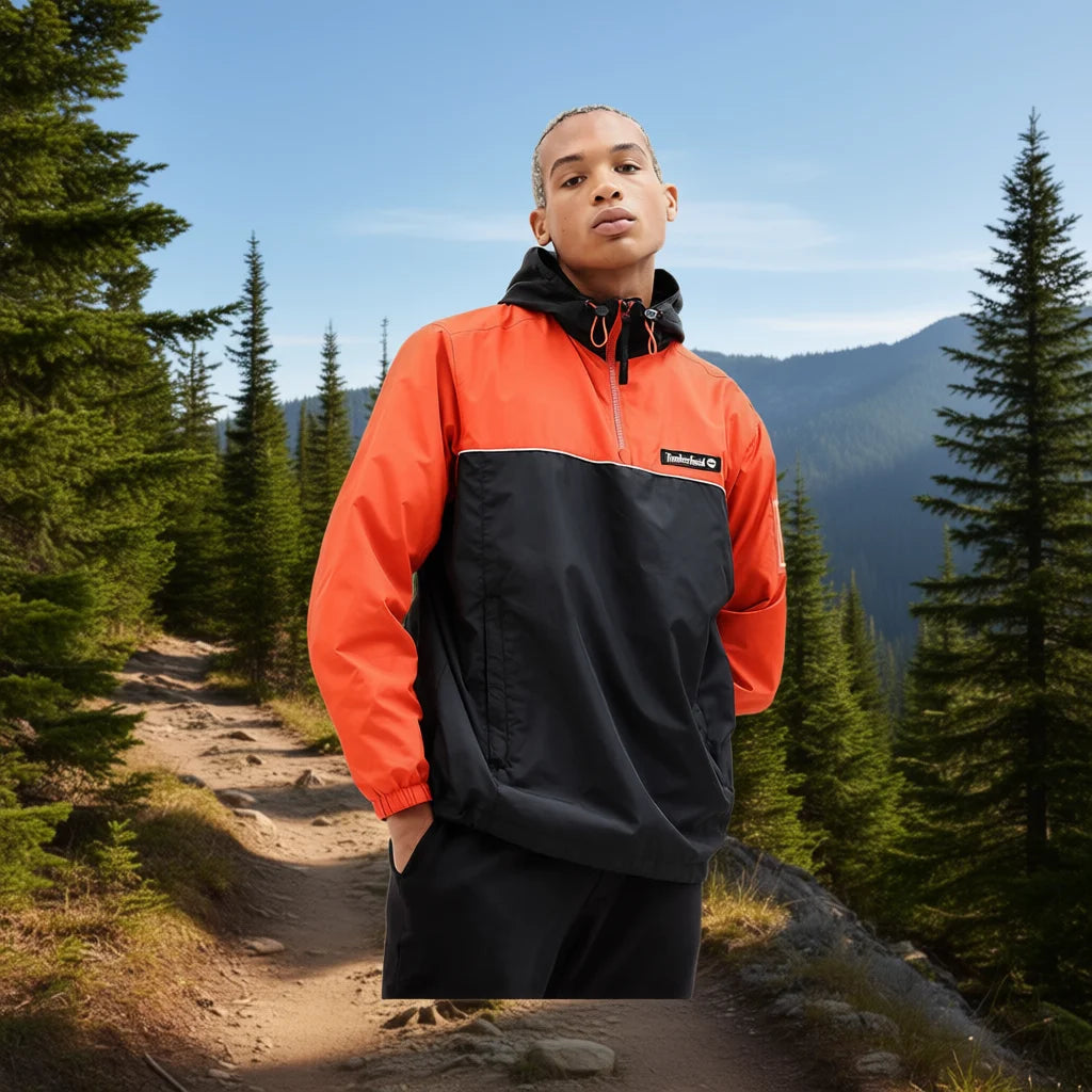 For Windbreaker Half Zip Mens Jacket Orange Black Coated Windproof Outdoor Hiking Hooded Color Blocked Regular Fit Full