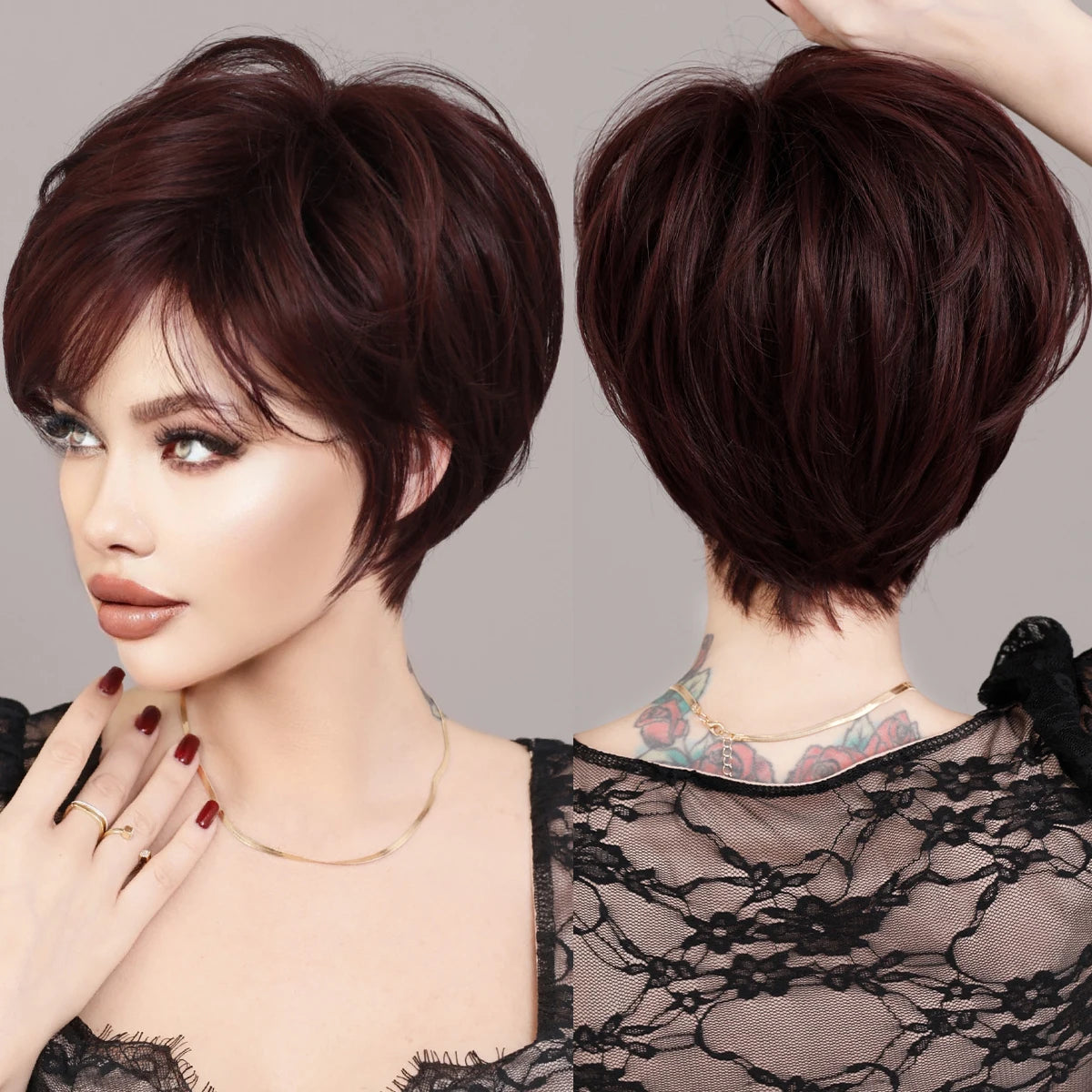 Pixie Cut Hair Wigs with Bangs Ombre Red Color Wigs Cute Natural Looking Short Black and Burgundy Layered Wavy Wigs for Women
