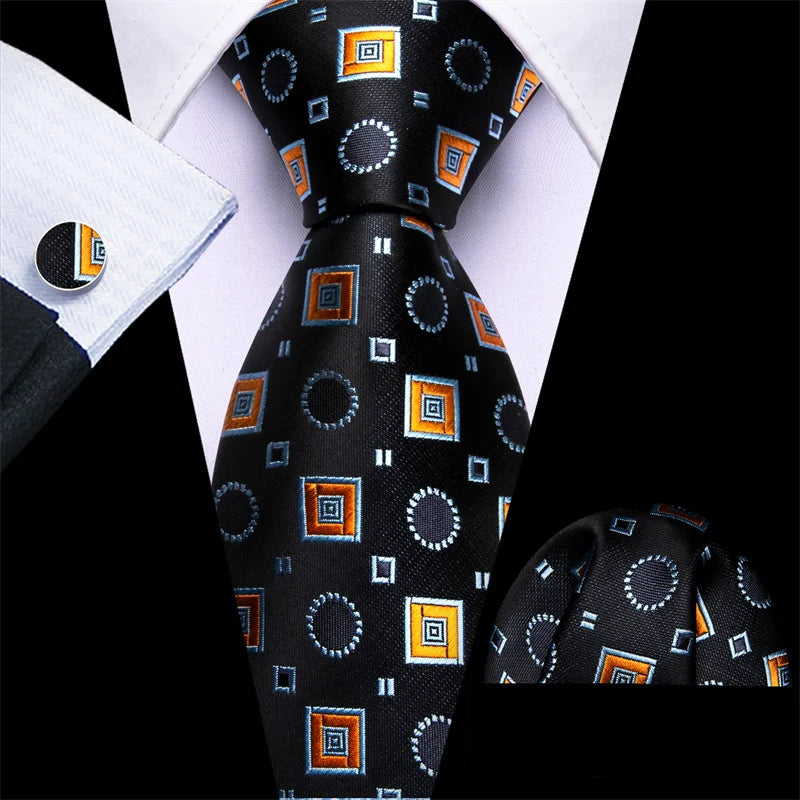 High Quality Luxury Business Fashion Men Gift Orange Plaid Checked Tie Jacquard Woven Silk Necktie Pocket Square Cufflinks Set