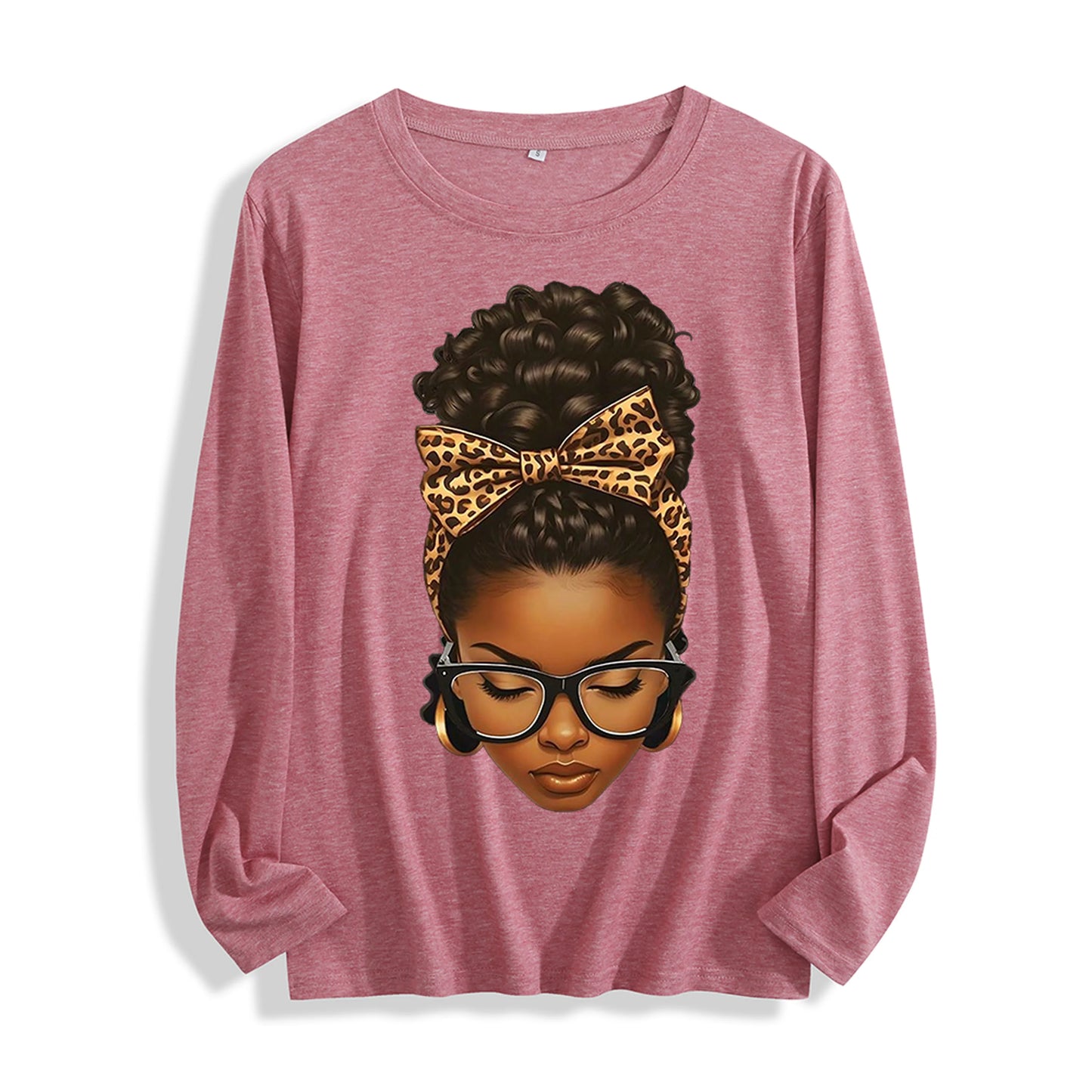 100% Cotton "Leopard Bow Curly Hair Graphic" Long - Sleeve T - Shirt, Multi - Colors