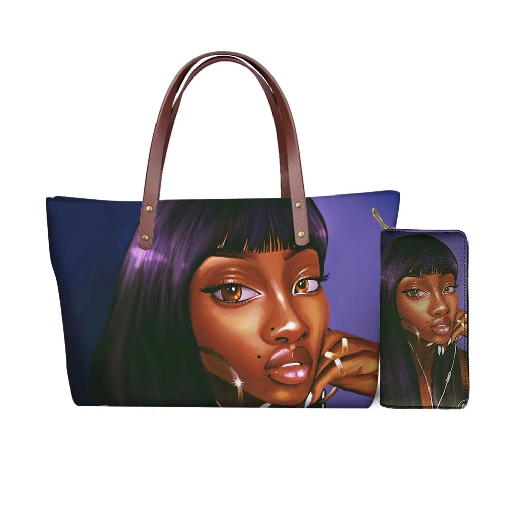 High Quality Latest Custom Pattern Women Hand Bags Black Art African Girls Printed Top Handle Tote Bag Luxury Purse for Ladies