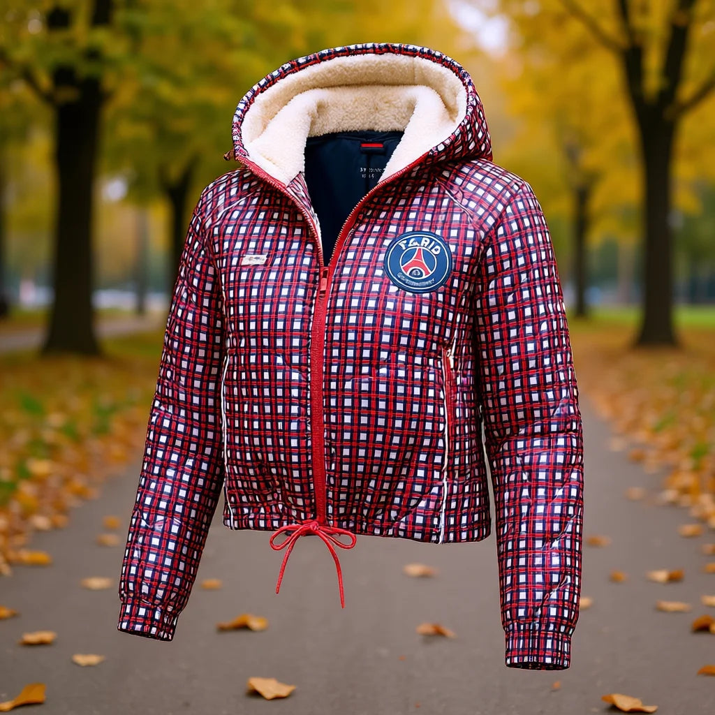 Jordan Women's Quilted Bomber Jacket Plaid Hooded Fur Lined Spandex Autumn Short Sleeve Zipper Front Logo MSS-DC0447657