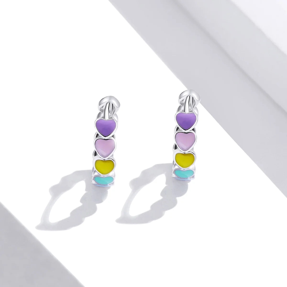 Genuine 925 Sterling Silver Women Multicolor Enamel Heart Hoop Earrings Rainbow Trend Jewelry for Girl Gift SCE909