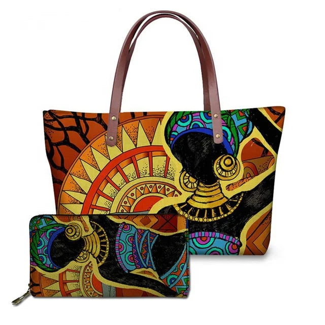 Custom Printed Women Bag Handbags African Girls Printing Purse and Handbags 2pcs Set Shoulder Tote Bag Females Summer Beach Bags