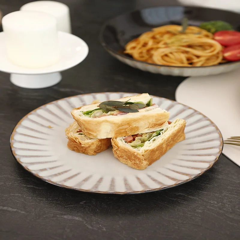 September Promotion Golden Beige Stone Tools Embossed Tableware Sets High End Premium Ceramic Sets and Safety Tableware Sets