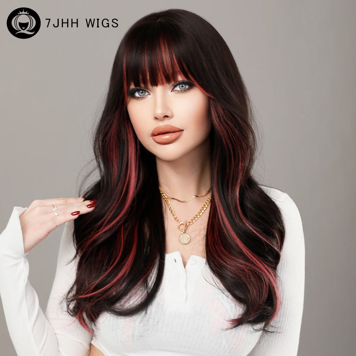 Skunk Stripe Body Wave Long Wavy Synthetic Hair Wig for Women Highlight Synthetic Wig with Bangs Natural Looking Realistic Wig