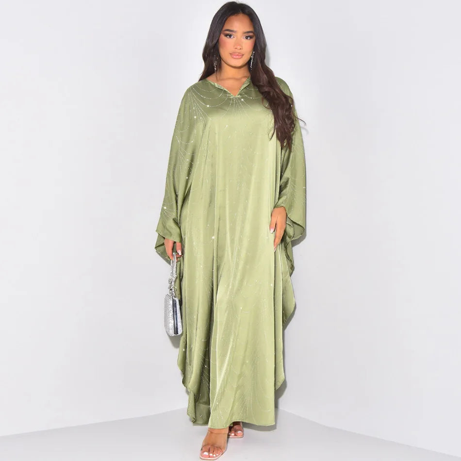Elegant Maxi Dress Turkish Caftan Wholesale Abaya Hot Diamond Kaftan Batwing Sleeves Women Muslim Dress Dubai Islamic Clothing