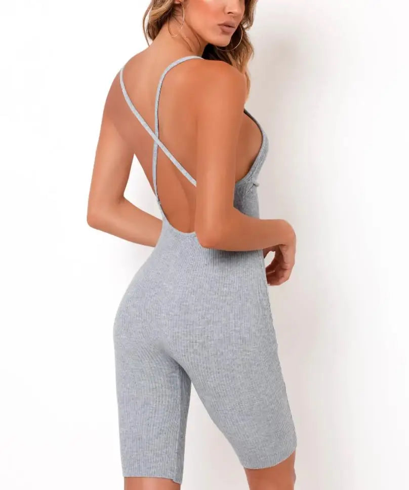 Fashion Bodycon Jumpsuits Sleeveless V Neck Rompers Club Wear Casual Elastic Overalls Ribbed Playsuit for Women