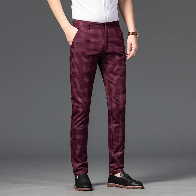 2025 Spring New Men's Plaid Casual Pants Business Fashion Slim Stretch Male Skinny Trousers Brand Clothes 7 Color