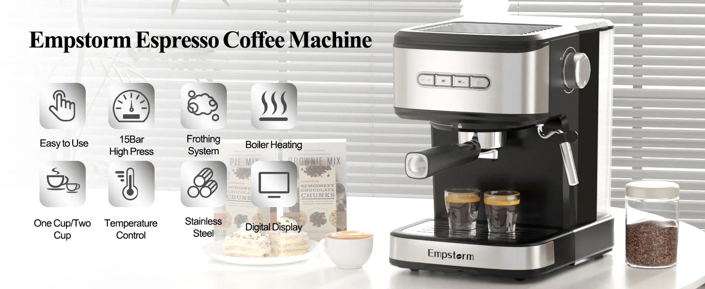 Empstorm 01E 20 Bar Semi-Automatic Espresso Machine 850W with Milk Frother Steam Wand Makes Lattes Cappuccinos for Home Use