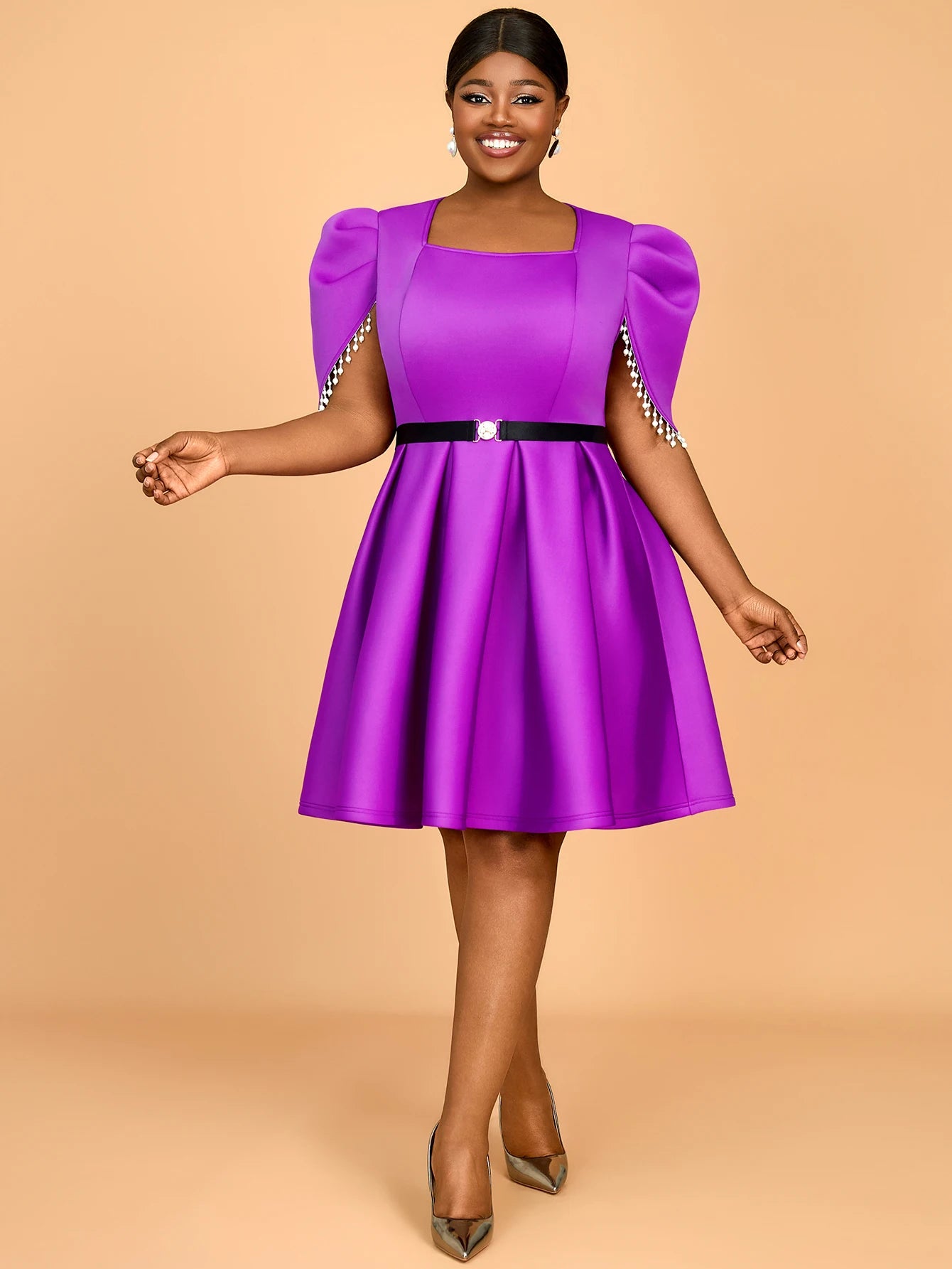 AOMEI Square Neck a Line Puff Sleeves with Beading Elegant Lady Birthday Purple Party Casual Dress with Black Belt