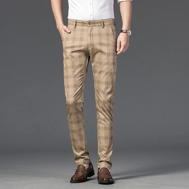 2025 Spring New Men's Plaid Casual Pants Business Fashion Slim Stretch Male Skinny Trousers Brand Clothes 7 Color