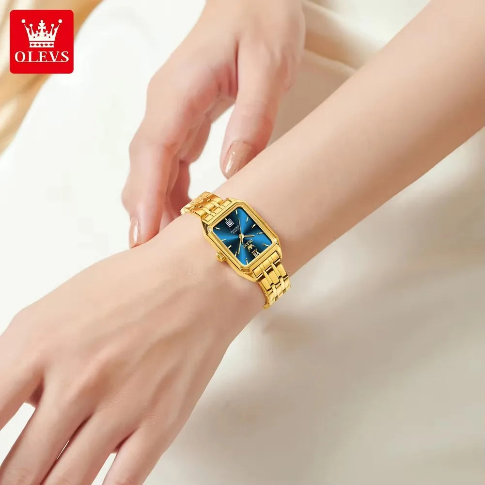 OLEVS 5616 New Waterproof Stainless Steel Ladies Quartz Watches Women Fashion Elegant Square Golden Watch Calendar Wristwatch