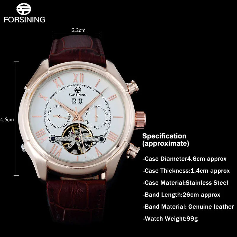Men's Mechanical Wrist Watch Auto Date Week Month Display Rose Gold Roman Numerals Leather Band 22mm Width Analog Brand Name