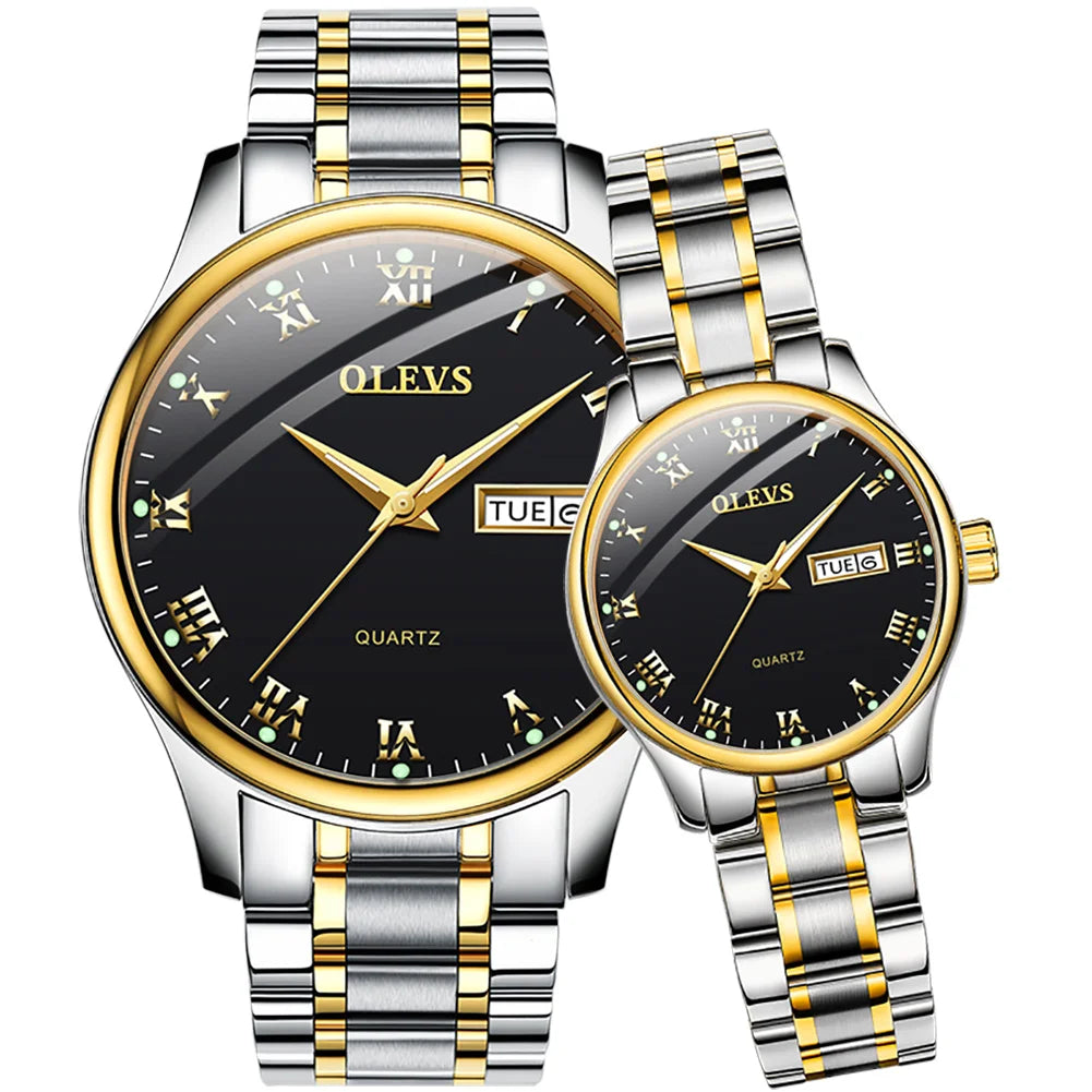 OLEVS Brand Wristwatch Fashion Business Couple Quartz  a Pair  Watch Stainless Steel Waterproof Luminous Watch for Men and Women