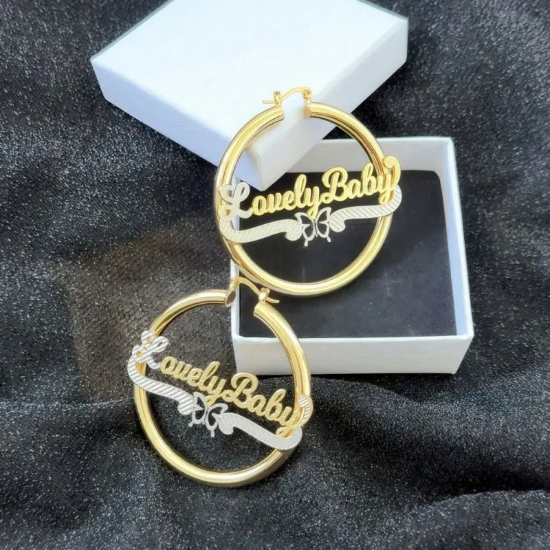 Personalised Double Color Nameplate Earring Stainless Steel Round Earrings Custom Butterfly Name Hoop