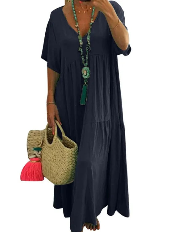 Simple Summer Women's Casual Loose Plain Long Maxi Dresses Plus Size Sundress Short Sleeve Women Boho Dress