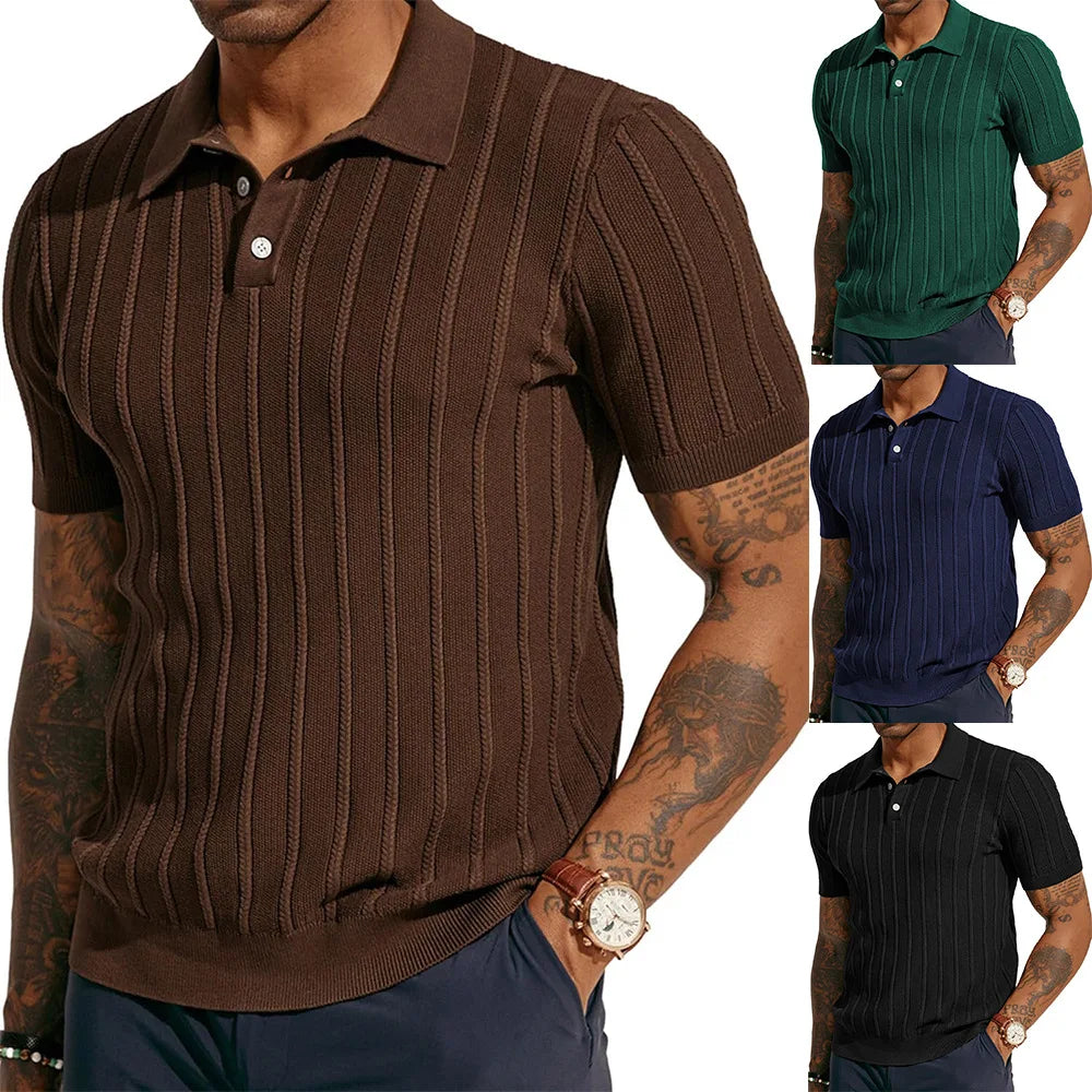 Liu Ming New Products 2025 Fashionable Solid Color Knitted Sweater Casual Short Sleeve Ribbed Knit T Shirt Top for Men