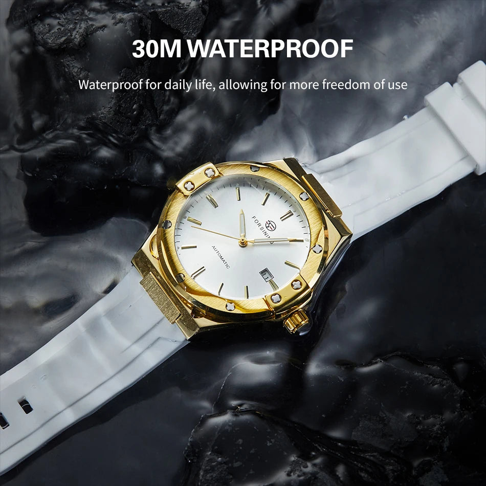 For FORSINING Luxury Automatic Men's Mechanical Watch Waterproof Luminous Calendar with Silicone Band Hollow Out Business Design