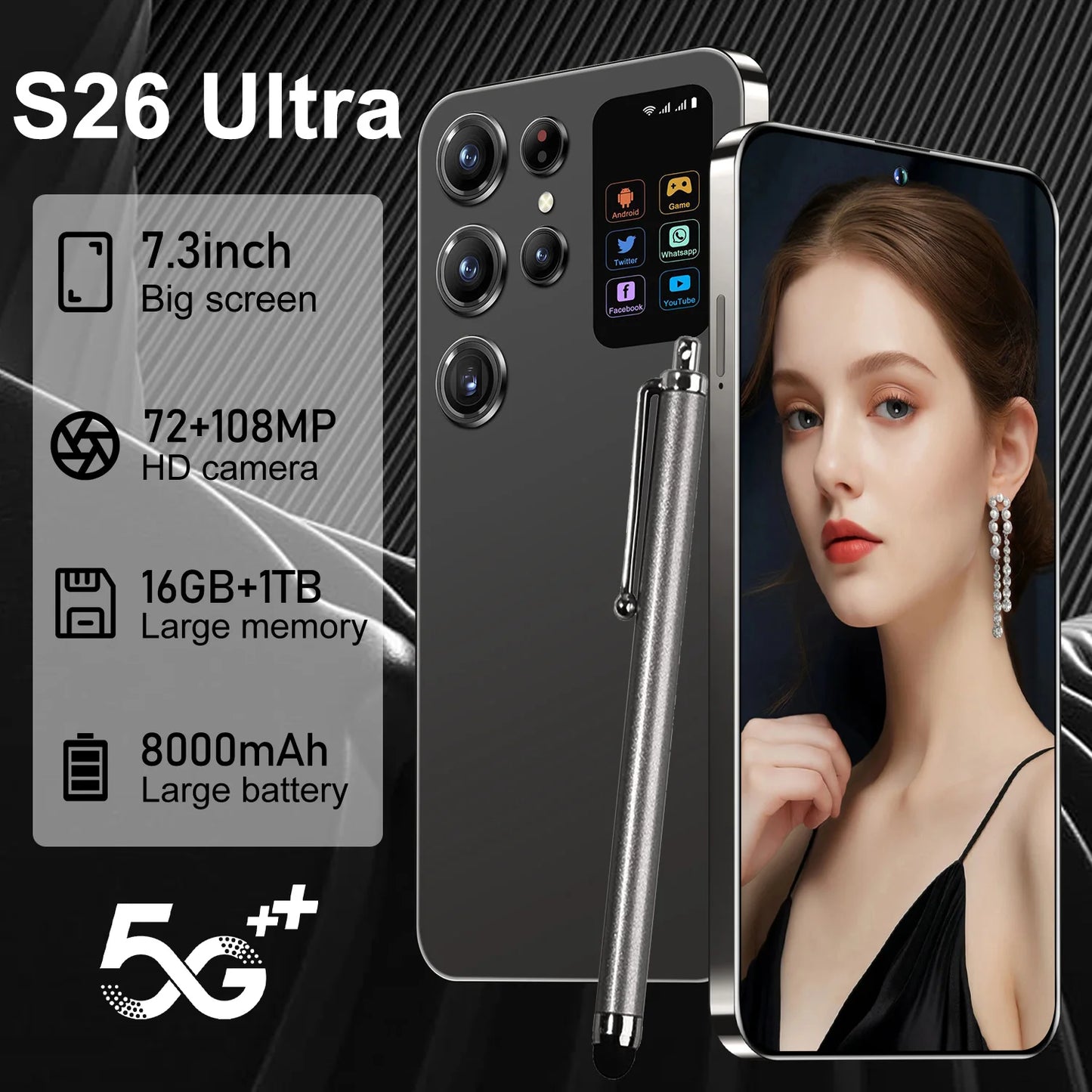 Face Recognition Unlock Original S26 Ultra 5G Smart Mobile Phone 7.3-inch HD Screen 16GB RAM+1TB Storage Deca Core Processor