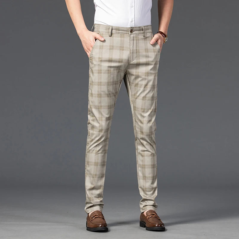 2025 Spring New Men's Plaid Casual Pants Business Fashion Slim Stretch Male Skinny Trousers Brand Clothes 7 Color