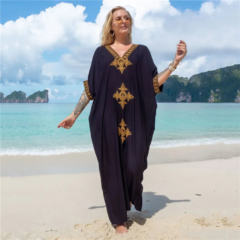 JSN Hot Selling  Factory Gold Thread Embroidered Beach Smock Sexy Loose Holiday Skirt Bikini Smock