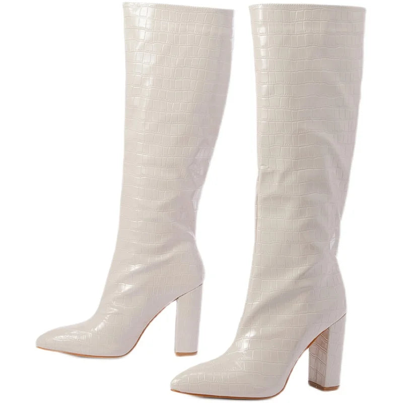Pattern Long Boots for Women 2024 the Same Pointed Thick Heel Over Knee Boots, a New One Foot Boots in Winter 2025