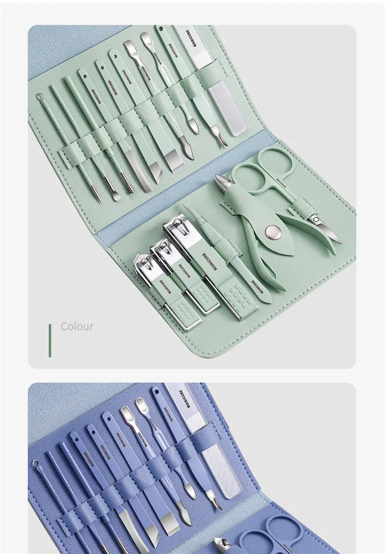 12-16pcs/set Nail Cutter Set Stainless Steel Nail Clippers Set With Folding Bag Manicure Cutter Kits Scissors Makeup Beauty Tool