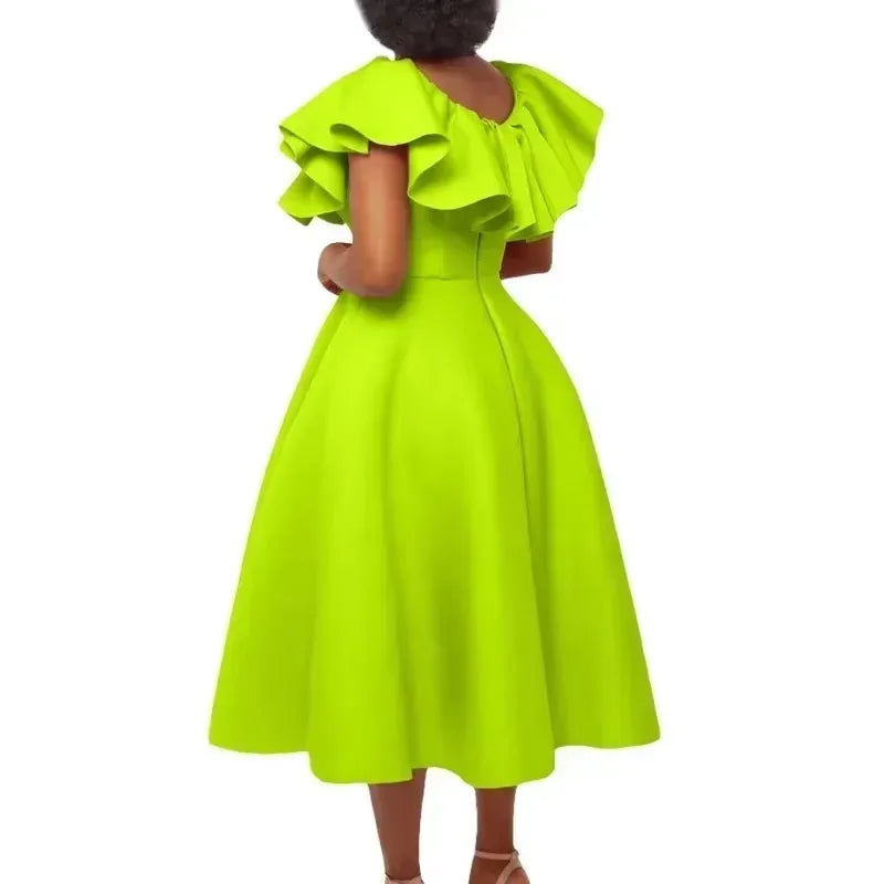 Plus Size Summer Fashionable and Elegant Solid Color Ruffle Edge Banquet Mid Length Large Swing Dress Plus Size Women'S Dress